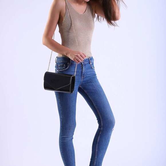 Glossy Envelope Evening Clutch Faux Patent Leather Women Chain Shoulder Bag Soli - Picture 3 of 7